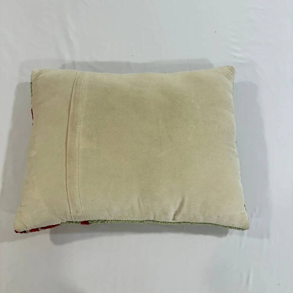 Grandin Road Hooked Wool Pillow Bluebird Winter Hat Green 18x14 Christmas Decor